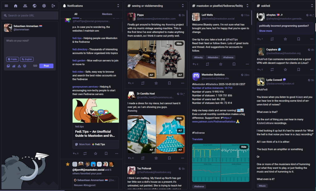 A dark mode screenshot of a multi-column Mastodon (Fediverse) web interface, which looks similar to the Moshidon app, but is on a desktop. There are four columns visible: 1) The Composer/Search Column on the far left, showing the user is logged in as Sebastiaan Ammerlaan. 2) Notifications, which features posts about using Mastodon, finding good servers, and a Fediverse Tips post with a fox character. 3) #sewing or visiblemending, which shows a post about finishing a sewing project with a vintage machine and an image of a dark shirt, and a post by Dr Camilla Hoel with two images of clothing patterns/dresses. 4) mastodon or fediverse/fedifedi (partially cut off), which shows a post with Mastodon statistics and a post about BlueSky and the Fediverse that references a traffic diagram. 5) #askfedi on the far right, which includes a post asking about recommending a good VPN for Linux, and a post from Lydia Conwell discussing listening to good 'jazz' and hearing an unusual noise in the recording.