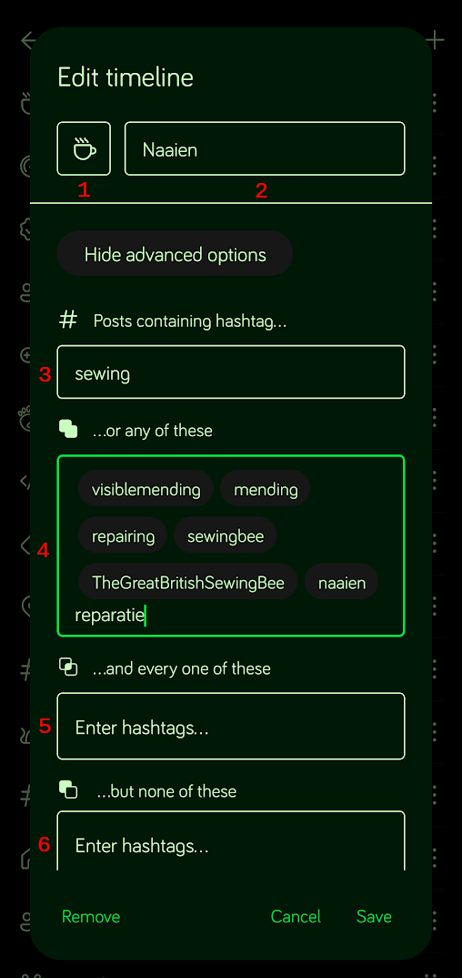 A dark mode screenshot of the 'Edit timeline' screen in the Moshidon (Mastodon) app for a custom timeline named 'crafts'. The screen shows advanced hashtag filtering options, which are: 'Posts containing hashtag... crafts', '...or any of these: prints, handmade, diy', '...and every one of these: Enter hashtags...', and '...but none of these: sewing'. A note at the bottom warns that the server handles these operations and combining them might not be supported.