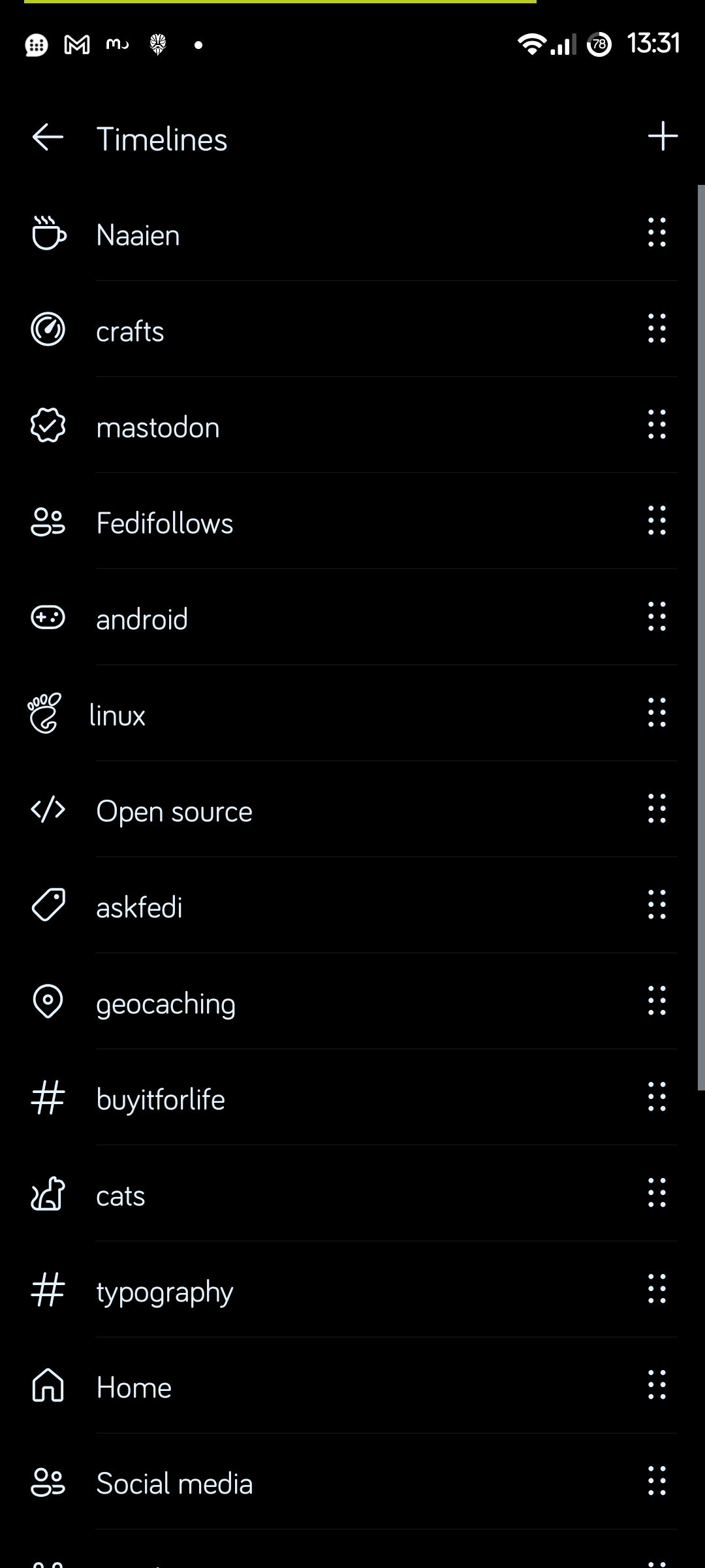 A dark mode screenshot of the 'Timelines' settings screen in the Moshidon (Mastodon) app. The screen lists all the user's custom timelines, including Naaien, crafts, mastodon, Fedifollows, android, linux, Open source, askfedi, geocaching, buyitforlife, cats, typography, and others scrolled off-screen. Each timeline name has a corresponding icon.