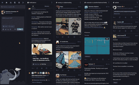 A GIF showing a desktop view of the Mastodon interface in dark mode, showing a few different timelines or columns. The GIF begins with a column titled 'Notifications' and then scrolls to show columns titled 'sewing or visiblemending', 'mastodon or fediverse/fedifedi', and 'askfedi'. The columns contain various text and image posts discussing topics like finishing a sewing project, a guide to Mastodon, statistics on Mastodon users, and a post titled 'About BlueSky/BlueSky's traffic flows from servers to corporate-owned relays and The Fediverse's traffic flows directly between cheap-to-run servers'. The GIF demonstrates the customizability and multi-column view of the platform.