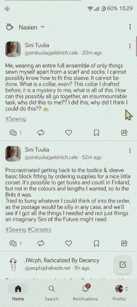 A short GIF showing a dark mode screen recording of the Moshidon (Mastodon) app on a mobile phone. The screen initially displays a custom timeline titled '☕ Naaien' (Sewing). The user then swipes left to seamlessly transition to the next custom timeline, which is titled '🧵 crafts'. The content of the new timeline changes instantly to show posts related to crafting.
